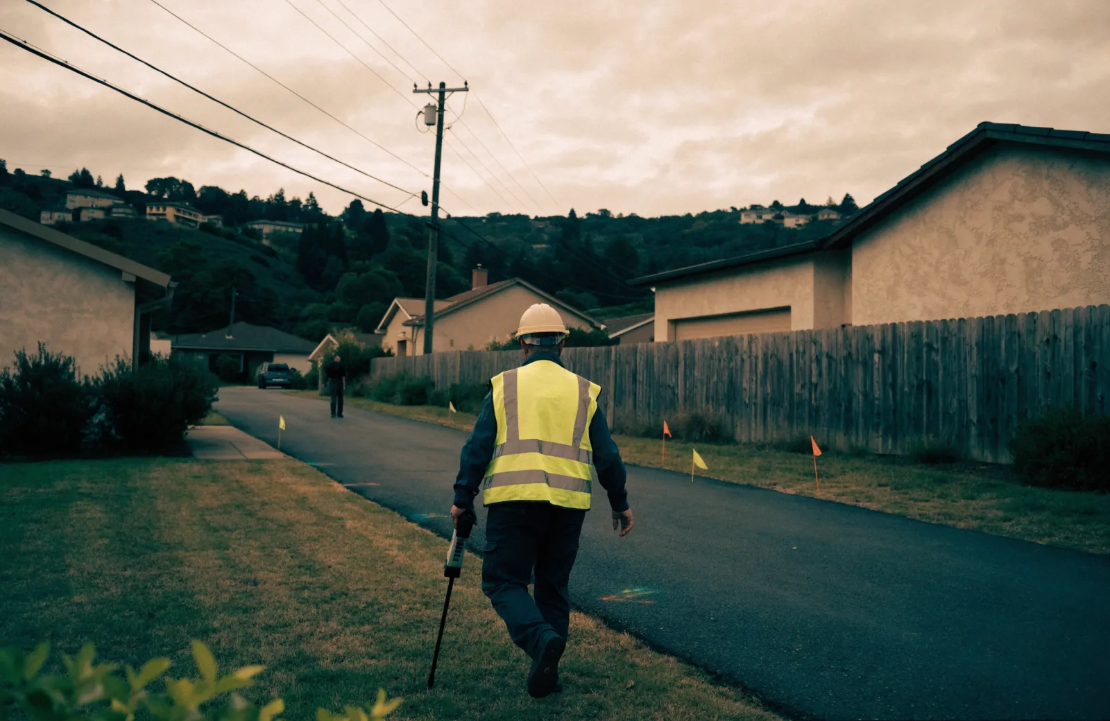 Utility locating technician sweeping a marked bore path along a residential street before drilling