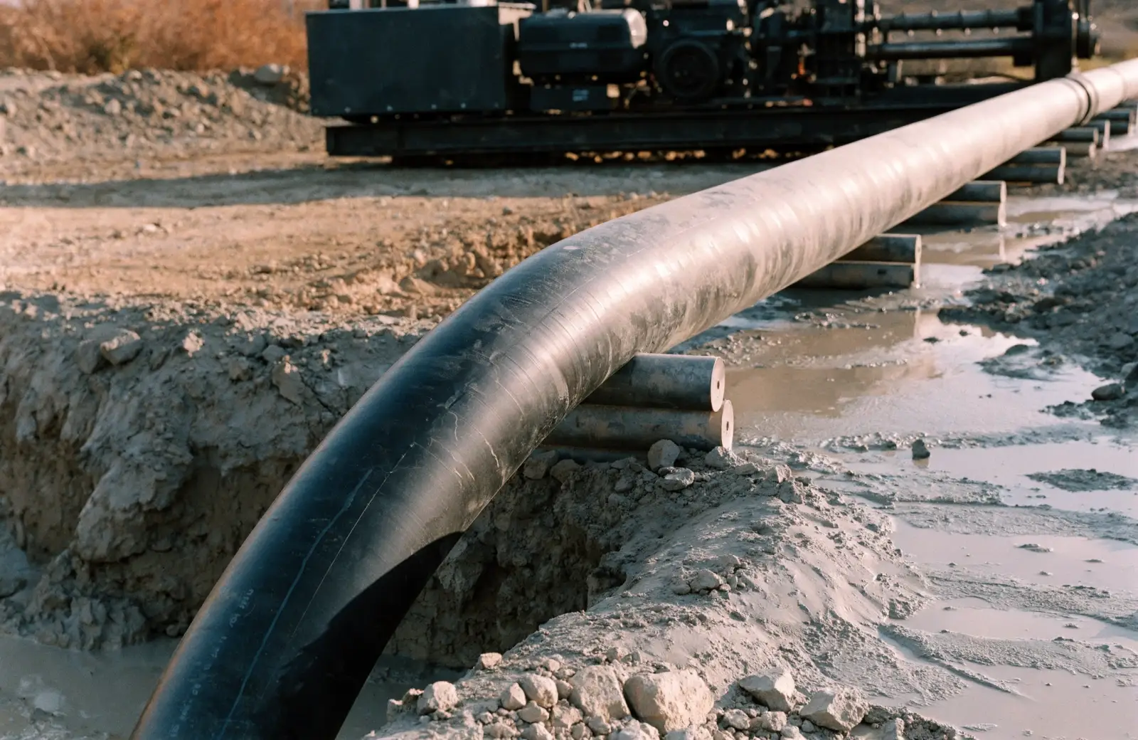Continuous HDPE pipe string on rollers curving into a bore entry pit during pullback