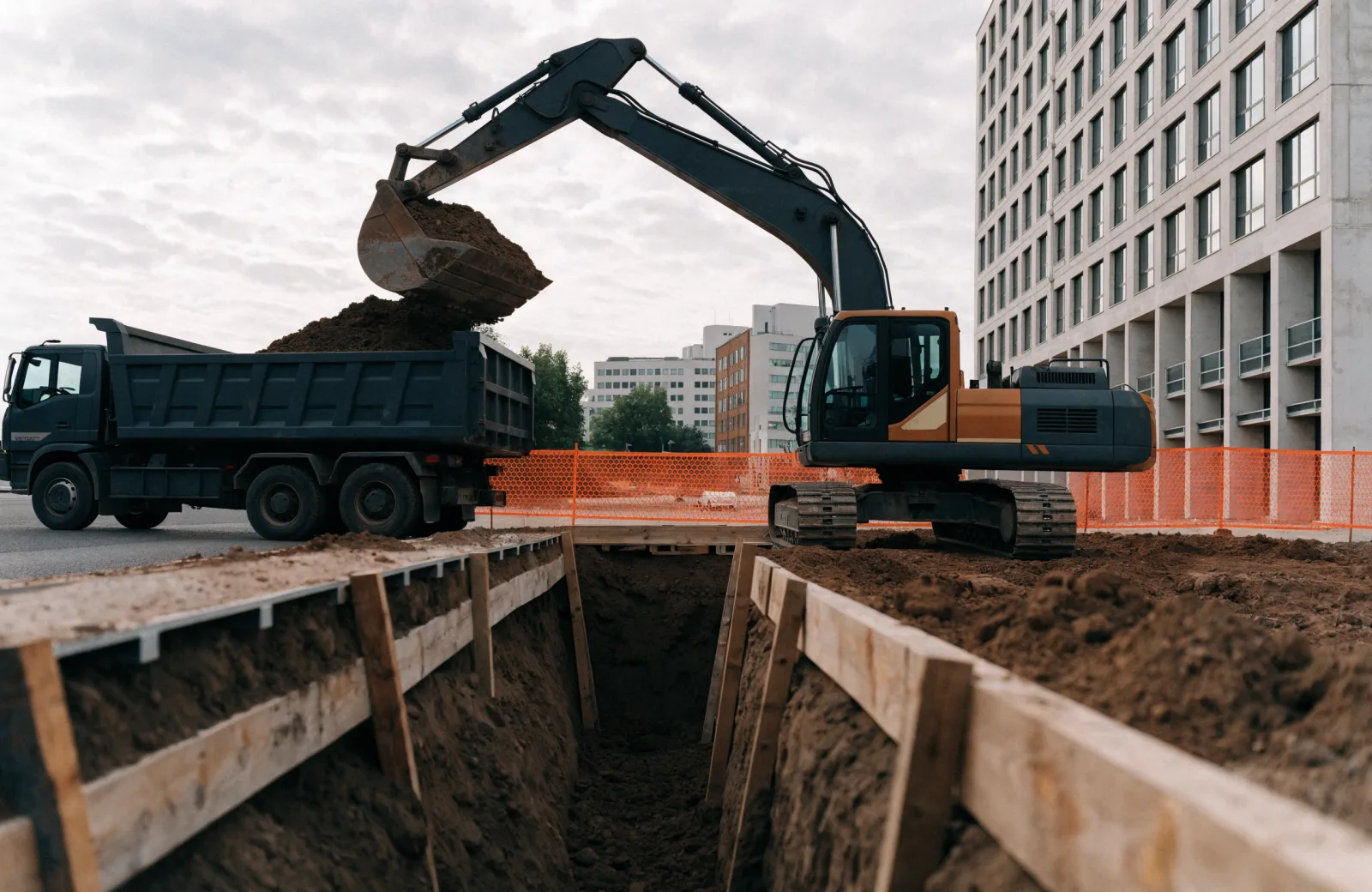 Excavator loading trench spoil into a dump truck on an urban Bay Area utility project