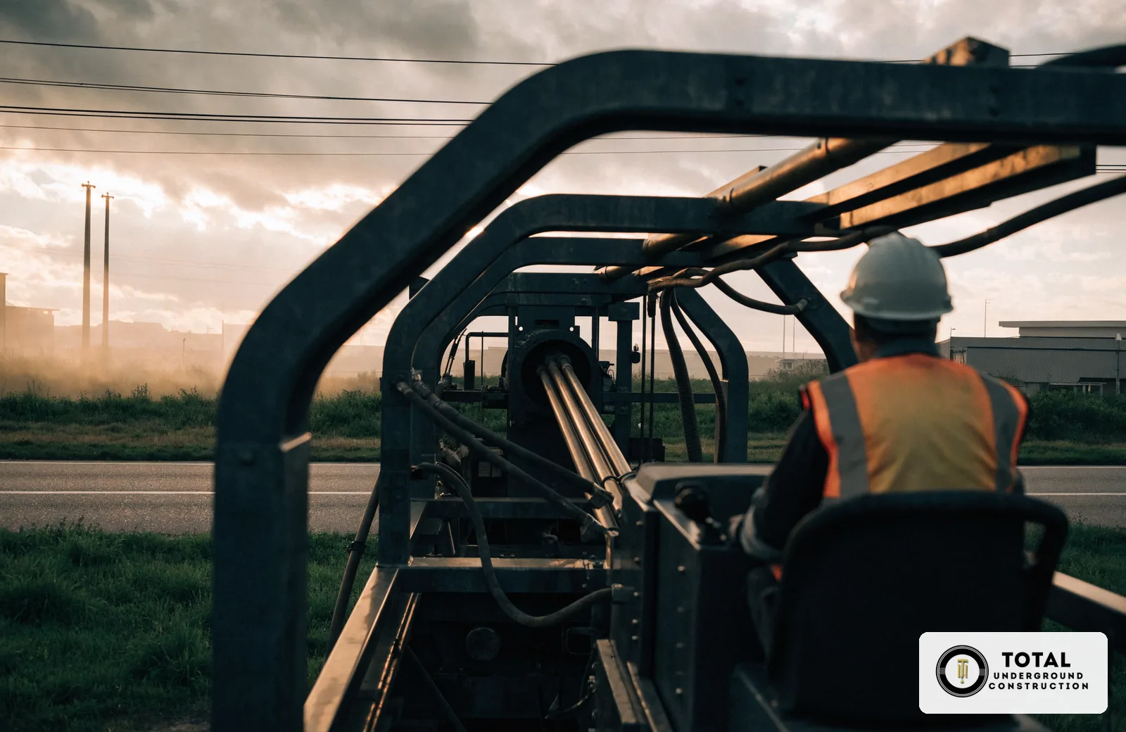 Directional boring rig operator guiding drill rods under a roadway