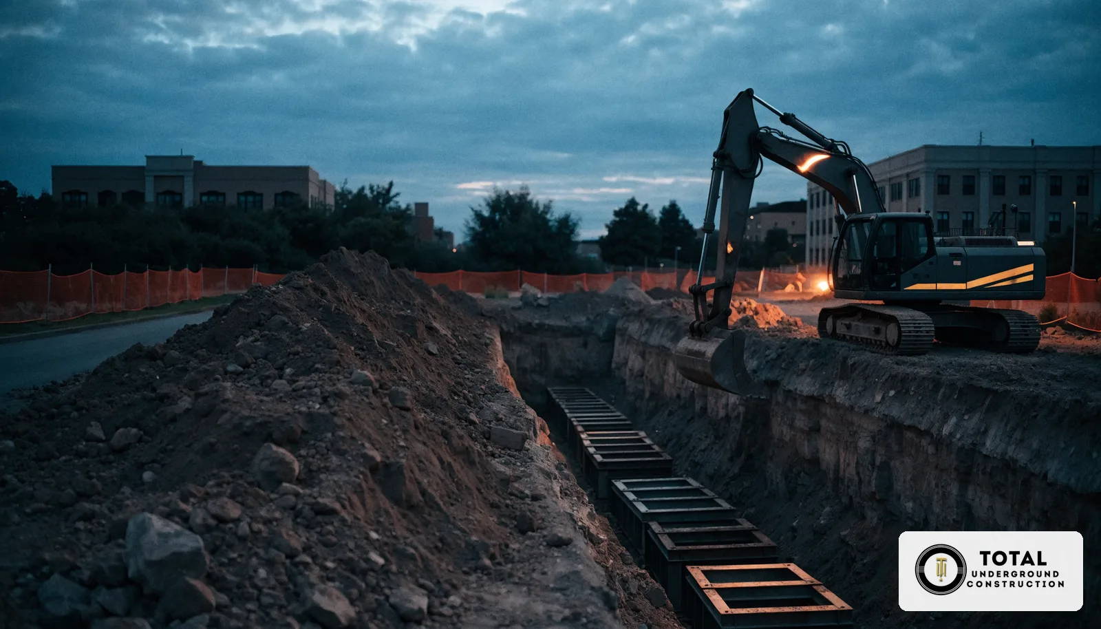 Excavator opening a deep shored utility trench on a commercial site at dusk
