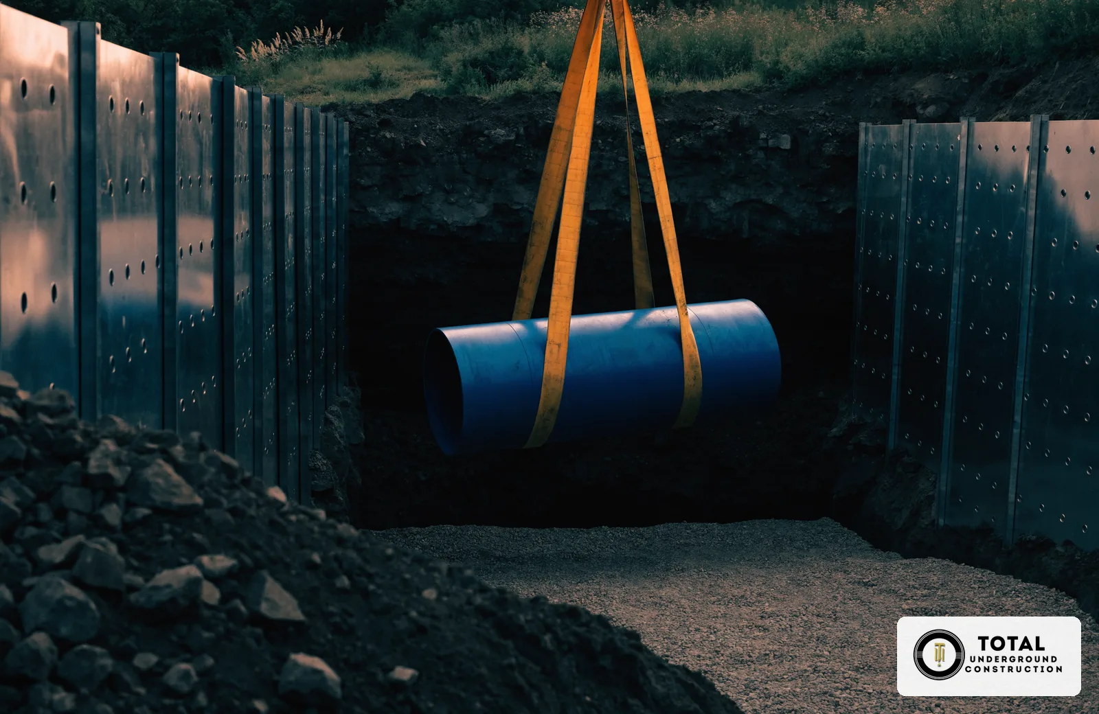 New water main pipe lowered on fabric slings into a shored trench