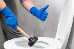 Hands in gloves holding suction cup and showing thumb up near by toilet bowl.